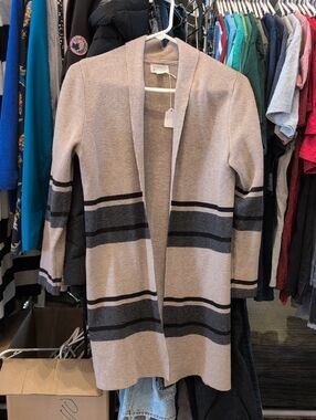 Market & Spruce Open-Front Long Cardigan in Beige with Charcoal Stripes